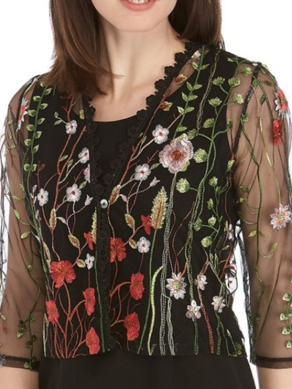 Chris McLaughlin NWT M Sheer Floral Embroidered Cardigan whimsical Boho cottage
